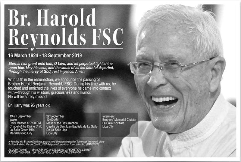 We pray for the eternal rest of Br Harry Reynolds We pray for the eternal rest of Br Harry Reynolds